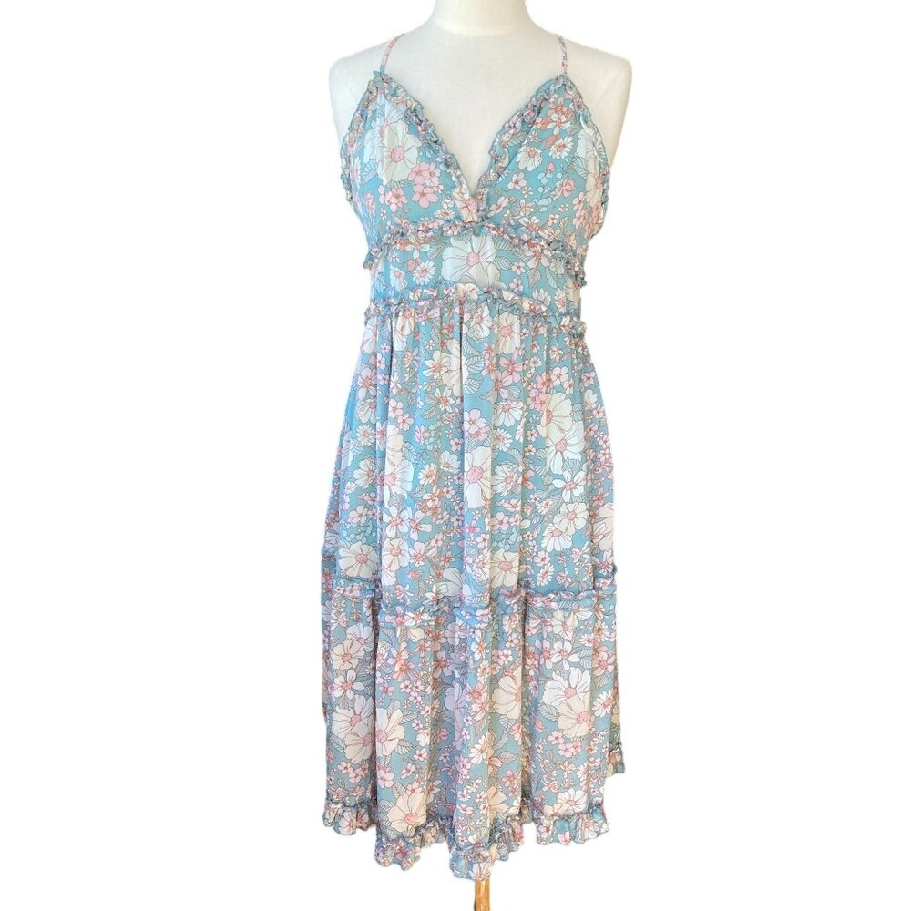 Hyfve Babydoll Tiered Floral Midi Dress Blue Ruffle Cottagecore Feminine Fairy-L